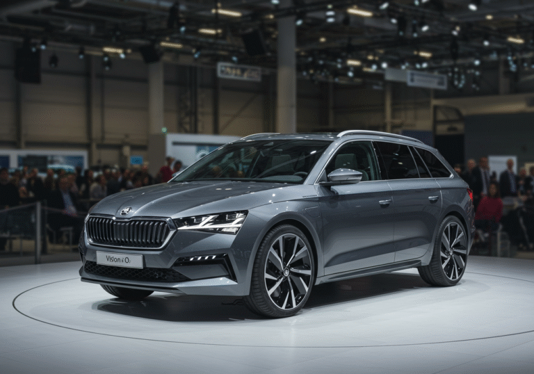A sleek, new Škoda 'Vision O' concept wagon car, showcasing its elegant silhouette, clear light contours, aerodynamic body, steeply raked windshield, and gently sloping roof. The vehicle is positioned centrally on a modern, brightly lit stage within an expansive exhibition hall in Munich. The professional, even lighting highlights the car's innovative design and smooth surfaces. The background is softly blurred, hinting at an audience or sophisticated architectural elements of a large event space, conveying a sense of future-forward automotive innovation from the Czech car manufacturer.