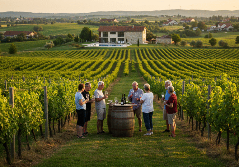 A small group of diverse tourists, casually dressed, engaged in a wine tasting at a scenic vineyard in the Baranja region of Slavonia, Croatia, during a warm late afternoon. Rolling green hills extend into the distance, and the modern yet regionally-styled architecture of a newly developed guesthouse with a pool is subtly visible in the background. Golden hour sunlight bathes the pastoral landscape, emphasizing the authentic cultural experience and untouched natural beauty of the Croatian interior.