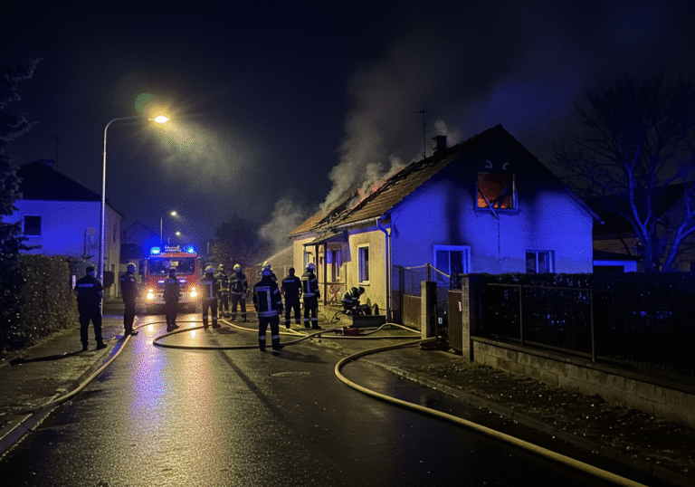 A solemn pre-dawn scene on Ulica Julija Klovića in the Zrinski Frankopan neighborhood of Slavonski Brod, Croatia. A family house shows extensive fire damage, with a section of the roof charred and windows blackened. Lingering smoke wisps ascend into the dark early morning sky. Several firefighters from the Slavonski Brod Public Fire Department, wearing their dark blue or black uniforms with reflective stripes, are visible near the house, some coiling hoses or inspecting the damage. A few Slavonski Brod police officers are present, securing the perimeter. The street is wet from water used to extinguish the flames, reflecting the dim light of nearby streetlights.