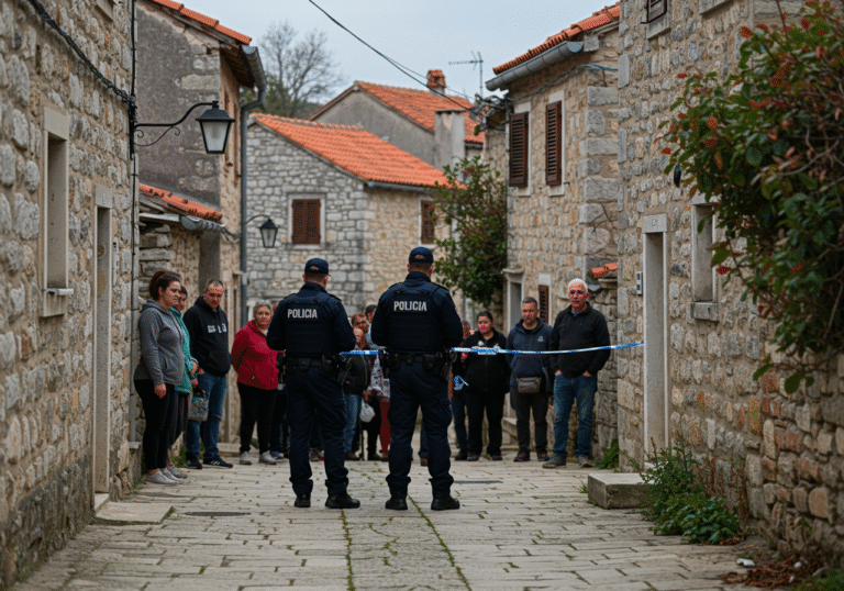 An overcast afternoon in Rogotin, Croatia, with two uniformed Croatian police officers in dark blue uniforms engaged in an ongoing investigation in a narrow, traditional street. They are seen with focused, serious expressions near quaint stone houses. In the background, local residents in groups stand with somber, reflective expressions, observing the scene, their faces reflecting the widespread sadness and shock felt by the community. The overall atmosphere is quiet and heavy with grief.
