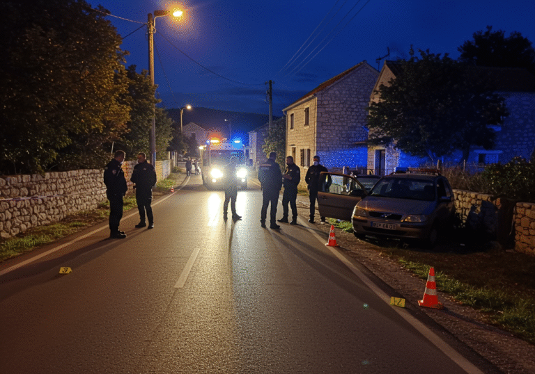 Evening scene on a rural road in Runovići, a small village near Imotski in Dalmatia, Croatia. It's dusk, with streetlights and emergency vehicle lights casting long shadows. Croatian police officers and a deputy municipal state attorney are meticulously examining the scene of a traffic accident. A damaged personal vehicle is visible, with investigation markers and cones around it. The surrounding area features typical stone houses of a Dalmatian village. The overall atmosphere is somber and focused on the official investigation.