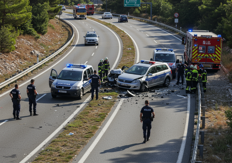 A serious multi-vehicle traffic accident on the three-lane Šibenik bypass in Croatia, under bright late morning sun. Croatian police officers in uniform, firefighters, and paramedics are actively working at the scene. Wreckage from four vehicles is spread across all three lanes, causing a complete road closure. Police vehicles with flashing lights are present, and officers are seen directing traffic away from the blocked section while others conduct an on-site investigation. Firefighters in uniform are securing the area. The scene is one of focused emergency response and ongoing investigation, with a somber, realistic editorial tone.