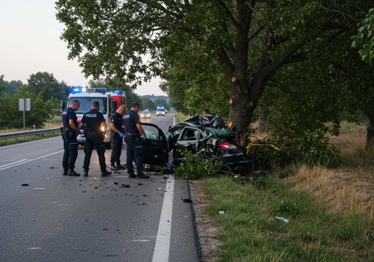 Early morning light casts a somber glow on the aftermath of a fatal traffic accident on state road D66, section Pula-Marčana, near the turn-off to the Istrian prison in Valturi, Croatia. A severely mangled passenger car is embedded violently into a mature tree along the shoulder of the rural road. Croatian police officers in uniform are meticulously conducting an investigation around the vehicle and the crash site, with a section of the road secured. The scene reflects the tragic seriousness of the event on a clear August morning.