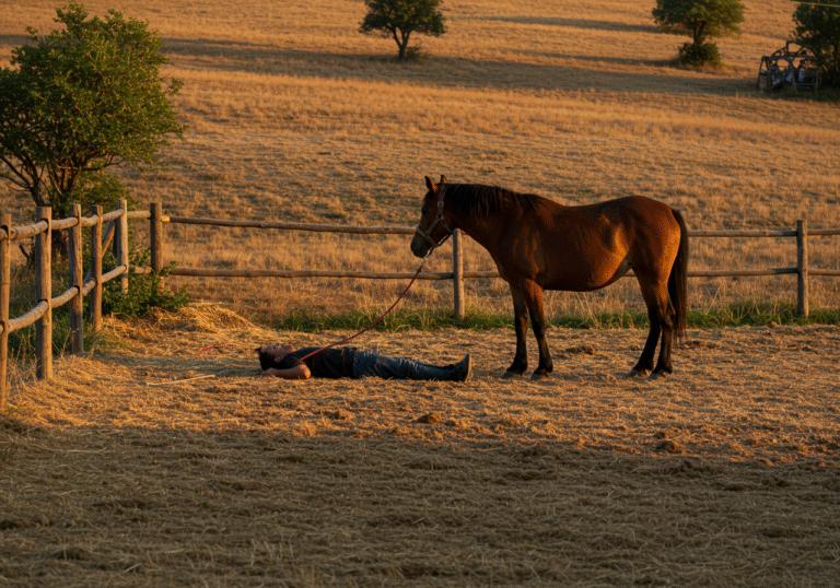 A man lies still on the ground beside a horse at a rustic ranch in Istria, Croatia. The horse stands close by, looking slightly agitated. The scene is bathed in the warm, fading light of late evening, around 7:30 PM, casting long shadows over the dry, rural landscape. The man's position suggests a recent fall from the horse.