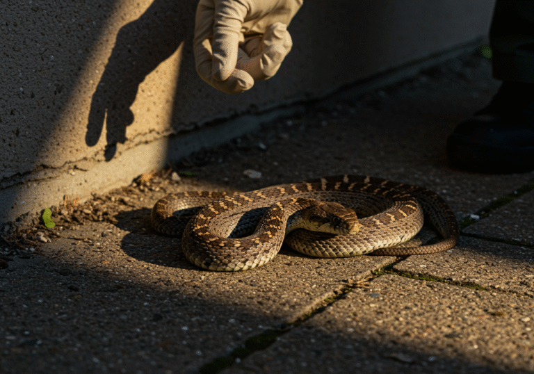 A Dice Snake (Natrix tessellata), approximately 60 centimeters long, coiled on the concrete ground next to a garage drain in the Žitnjak neighborhood of Zagreb, Croatia. A professional Dumovec animal shelter staff member, wearing work gloves, carefully reaches to remove the snake. The scene is illuminated by the soft light of a late afternoon, with subtle shadows on the surrounding urban environment.