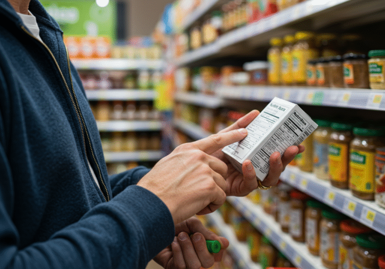 A mid-adult person intently examining the nutrition label on a packaged food item in a brightly lit, modern grocery store aisle. Their finger or gaze is focused on the sodium content percentage on the label. Various other food products are visible on the shelves in the background. The scene is captured with natural, even lighting, emphasizing a moment of careful consideration for health.
