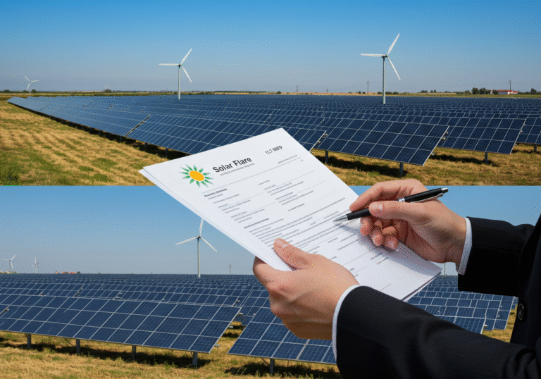 A close-up shot of a professional's hands, one holding a pen, reviewing official environmental impact assessment (EIA) documents with the Solar Flare company logo subtly visible on the top page. In the background, an expansive 12.7 MWp solar photovoltaic power plant stretches across a sun-drenched, open landscape in Croatia, with a clear blue sky overhead. The scene is bright, conveying progress and sustainable energy development.