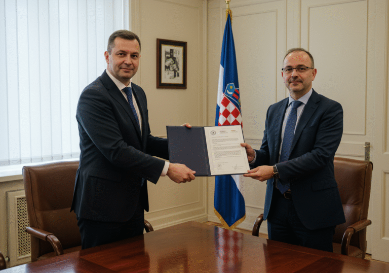 A Croatian Solar Flare company representative, dressed in a dark business suit, formally hands over a thick, bound set of official documents to a Croatian government official, also in business attire, across a polished conference table in a well-lit government office in Croatia. Both individuals maintain professional expressions. A subtle Croatian flag is positioned in the background, slightly out of focus. Natural daylight streams into the room, illuminating the scene and creating a focused, administrative atmosphere on a clear day.