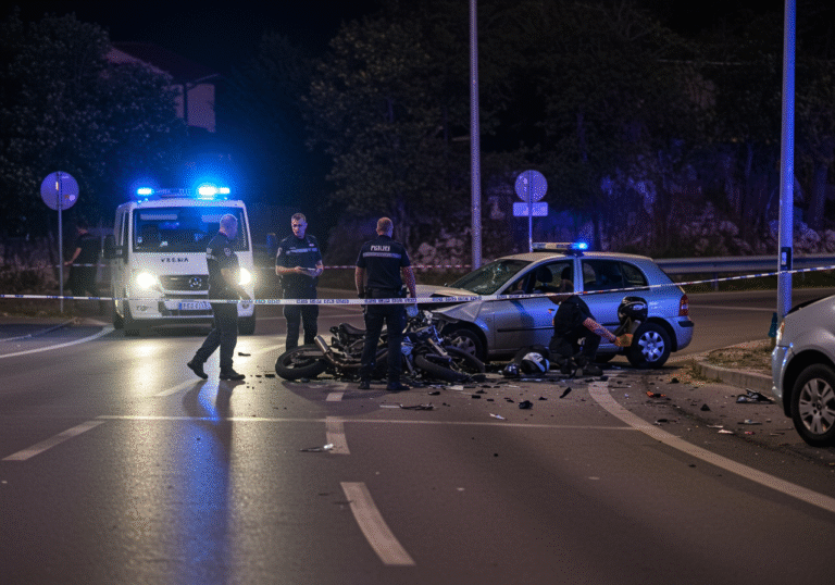 Early morning light illuminates the scene of a serious traffic accident at the intersection of Ivana Pavla II Street and Stjepana Radića in Solin, Croatia, which is also part of state road D-8 leading towards Kaštela. Croatian traffic police officers in uniform are diligently conducting an on-site investigation, examining debris and markings on the asphalt road. A significantly damaged motorcycle lies near a similarly damaged passenger car, both stationary in the middle of the intersection. Yellow police tape cordons off the immediate crash area. The overall atmosphere is somber and focused on the detailed police work.