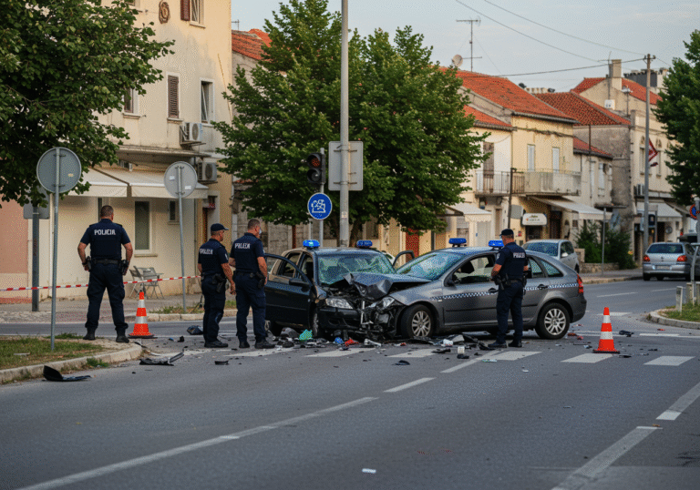 Morning light illuminates the Širina intersection in Solin, Croatia, where a severe traffic accident has occurred. A severely damaged personal car and a motorcycle lie on the asphalt at the crossroads of Ivana Pavla II and Stjepana Radića, part of road D-8. Several Croatian police officers from the Split-Dalmatia Police Department are present, wearing dark blue uniforms, meticulously investigating the scene and documenting the collision. Debris is scattered around the vehicles, and traffic cones indicate the restricted area. The surroundings show typical Solin street architecture under a clear August sky.