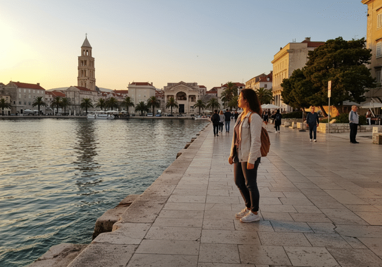A solo Croatian traveler, a woman in her late 20s, stands contemplatively on the historic Riva promenade in Split, Croatia, looking out towards the shimmering Adriatic Sea at sunset. The ancient stone walls of Diocletian's Palace are visible behind her. She wears practical yet stylish travel attire, including a light jacket and comfortable trousers, and carries a small daypack. Her posture conveys a sense of independence and self-discovery as she observes the tranquil scene. The golden hour light bathes the promenade and the sea, casting warm hues and emphasizing the peaceful and fulfilling nature of her solo exploration. A few other people are visible in the distance, subtly highlighting her distinct solo presence within the vibrant Croatian city.