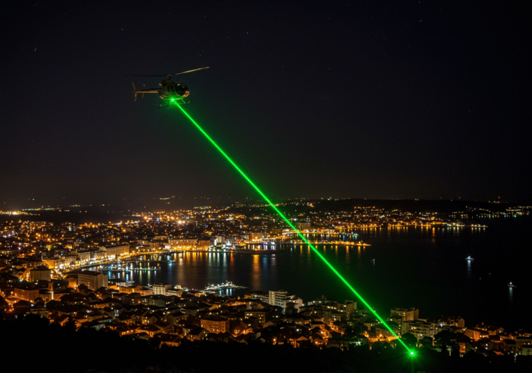 A helicopter flying at night over the coastal city of Split, Croatia. A bright, focused green laser beam originates from below, precisely targeting the helicopter in mid-air. The scene is illuminated by the distant city lights of Split and the helicopter's own navigation lights against a clear, dark June night sky, evoking the potential danger of an airborne incident.