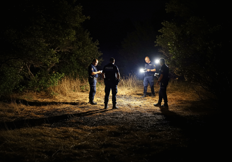 Late evening around 10 PM in the Podine area of Kučine, near Split, Croatia. Croatian police officers are present on a patch of dry, scorched grass and low vegetation, showing evidence of a recently extinguished localized fire. The scene is illuminated by the dim light of late night, possibly supplemented by flashlights from the officers. The atmosphere is quiet and investigative, with the dry, warm air characteristic of a summer night in the Split-Dalmatia region.