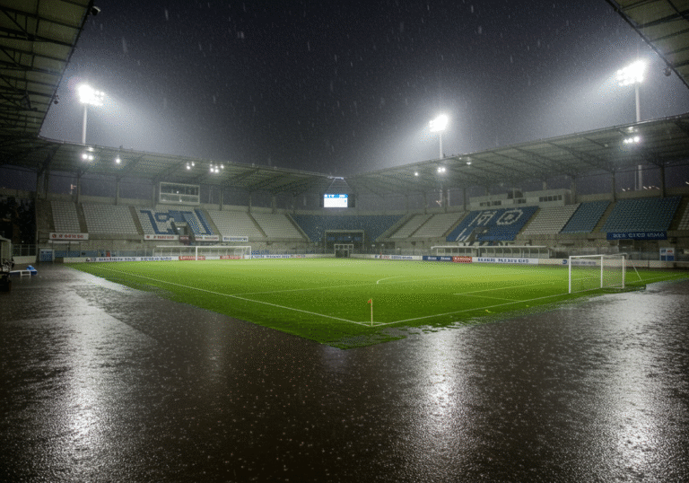 An evening view of Poljud stadium in Split, Croatia, under a severe thunderstorm. The football pitch is visibly flooded, with large sections of the green turf submerged in standing water. Heavy rain is actively falling, illuminated by the artificial stadium lights that pierce through the dark, wet air. The empty stands of the stadium are dimly visible in the background, a testament to the postponed HNK Hajduk versus NK Istra 1961 match.