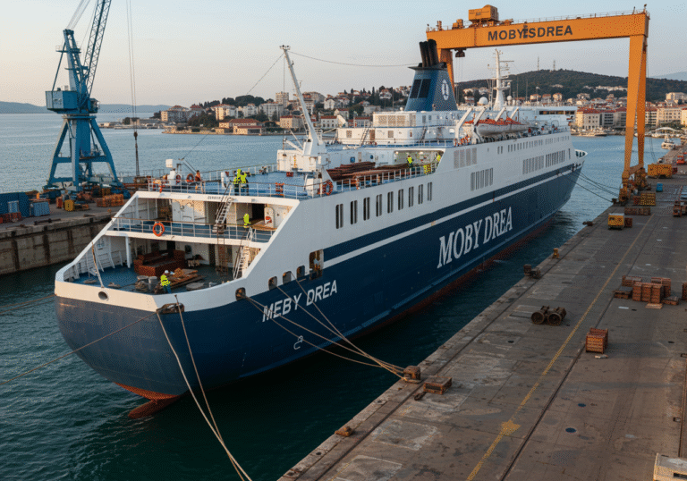 The large, fifty-year-old Italian ferry 'Moby Drea' is prominently docked at the Brodosplit shipyard in Split, Croatia, under a bright August sky. Workers are seen on deck and through open portholes, actively cleaning passenger cabins and relocating ship furniture. The massive vessel is surrounded by heavy industrial cranes, dry docks, and other typical shipyard infrastructure. In the distance, the densely populated urban landscape of Split rises, with residential buildings visible, under the afternoon sun.