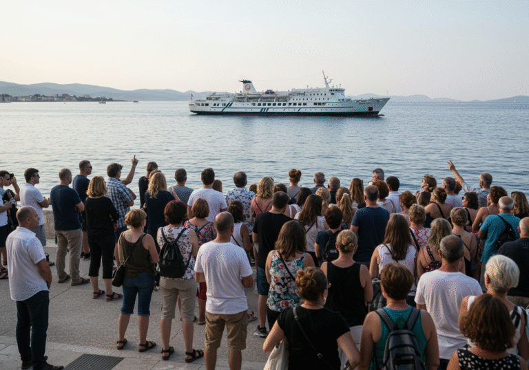 A tense, wide-angle photograph taken in Split, Croatia, on the morning of July 31, 2025, around 10 AM. A large crowd of concerned Croatian citizens, including members of the 'Zdravi Split' initiative, are gathered on a coastal promenade or elevated viewpoint near the Marjan Forest area. Their expressions show a mix of worry and defiance, some gesturing towards the sea. In the background, across the calm Adriatic Sea, the large, half-century-old passenger ship Moby Drea is being slowly tugged towards the Brodosplit shipyard. The bright summer sky contrasts with the palpable public dissatisfaction on shore, reflecting the peak of local protests against the vessel's arrival.