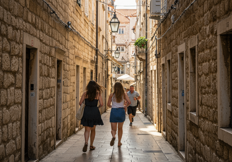 Two women in casual summer clothing hurriedly flee through a narrow, sunlit stone alleyway in the historic Geta district of Split, Croatia. Behind them, a local man, visibly determined, runs in pursuit, holding a smartphone up to film the scene. The ancient stone buildings line the tight passage, typical of Split's old town, with hints of other pedestrians or tourists in the background. It is a bright summer day, mid-afternoon, with strong sunlight casting defined shadows. The scene captures a dynamic, candid street moment of a chase.