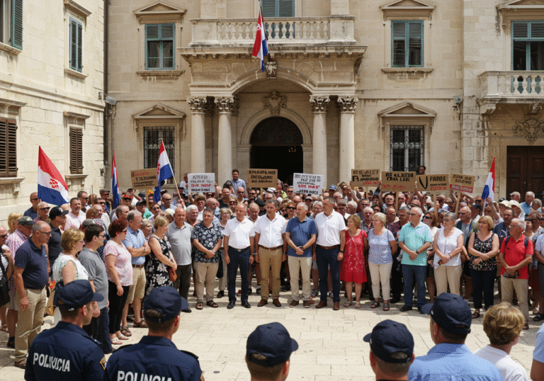 A large crowd of hundreds of Croatian citizens and local officials, including Split Mayor Tomislav Šuta, gather for a protest on a sunny August day outside the historic Banovina building, the Split City Hall. People in summer clothing hold various signs, their faces reflecting deep concern and determination as they rally against the presence of the Italian ship Moby Drea, carrying 275 tons of asbestos panels, in the city. The mayor is visibly engaged with the crowd. Croatian police officers are present in the background, observing the demonstration in the distinct architectural setting of Split, Croatia.