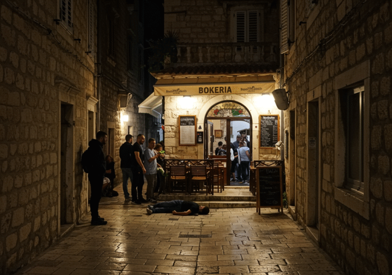 A narrow, historic cobblestone street in the old town of Split, Croatia, dimly lit by early morning streetlights around 4 AM. A young man is lying on the uneven stone ground near the entrance of the Bokeria restaurant. A few individuals, appearing disheveled, are standing nearby. The outdoor seating area of the restaurant shows signs of a recent disturbance, with overturned chairs and minor damage visible on the terrace. The ancient stone walls of the surrounding buildings create a tight, enclosed space, reflecting the quiet aftermath of a violent incident.
