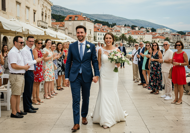 A radiant Australian bride, Emily Tokić, 27, in a white wedding gown, and her groom, entrepreneur Matt Orlić, 36, in a formal suit, walk hand-in-hand, smiling brightly, exiting the historic Crkva sv. Frane (Church of St. Francis) onto the bustling Splitska Riva in Split, Croatia. It is a sunny Saturday afternoon in late July, with the vibrant Adriatic Sea and the iconic Riva promenade architecture visible in the background. A crowd of nearly 200 elegantly dressed wedding guests, including notable Croatian personalities, surround them, celebrating the joyous occasion in the authentic Dalmatian atmosphere.
