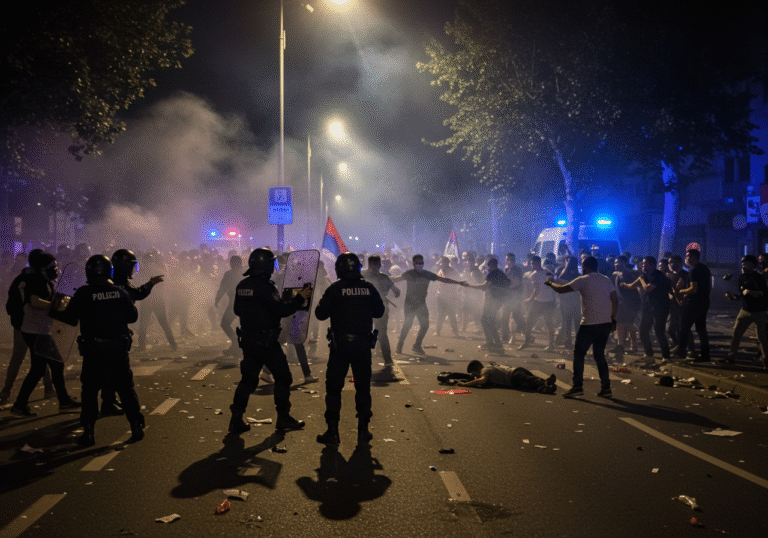 A chaotic nighttime scene on a street in a Serbian city, late August 14, 2025. Serbian Gendarmerie officers in riot gear confront a large group of protesters amidst heavy tear gas. The street is littered with debris, and the air is thick with smoke and haze under the glow of streetlights and distant emergency vehicle lights. Several Serbian police officers are seen injured or being assisted by colleagues, while other officers deploy tear gas canisters. Protesters engage in aggressive confrontations, reflecting widespread street violence that left dozens injured. The atmosphere is tense and chaotic.
