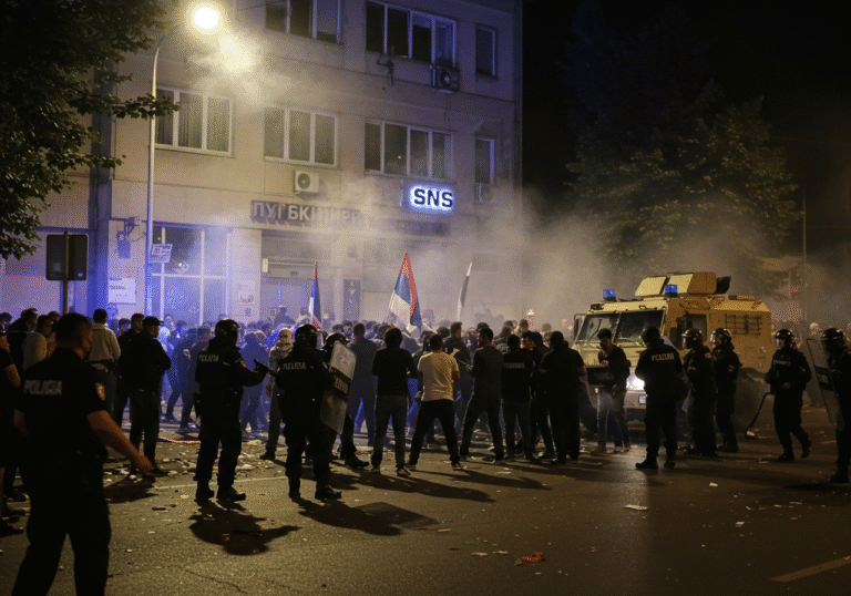 A chaotic night scene unfolds on a street in Novi Sad, Serbia, after midnight on August 15, 2025. Anti-government protestors clash violently with Serbian police and Gendarmerie forces, as tear gas fills the air, creating a hazy, illuminated atmosphere under artificial streetlights. The facade of a building, identified as the SNS office, is visibly damaged with broken windows and debris scattered on the pavement in the foreground. Police officers in riot gear, some with expressions of strain and minor injuries, confront a dense crowd of protestors, many with scarves covering their faces. An armored Gendarmerie vehicle is partially visible, its lights cutting through the smoke. The scene conveys intense urban unrest, reflecting the widespread protests across Serbia.