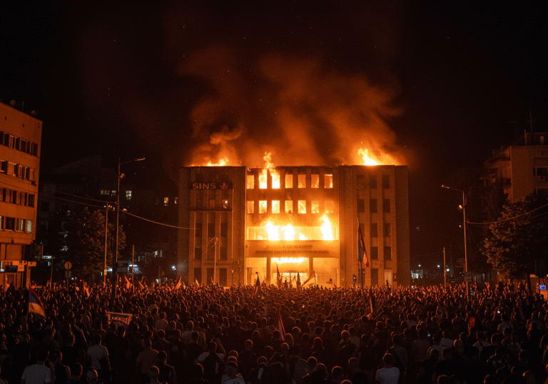Nighttime, August 16, 2025, in Valjevo, Serbia. The Serbian Progressive Party (SNS) headquarters building is engulfed in large flames, with bright orange fire erupting from its windows and thick, dark smoke billowing into the night sky. In the foreground, a dense crowd of protesters fills the street, their figures illuminated by the intense glow of the burning structure and the distant streetlights. The scene is one of intense urban unrest and escalating tension.