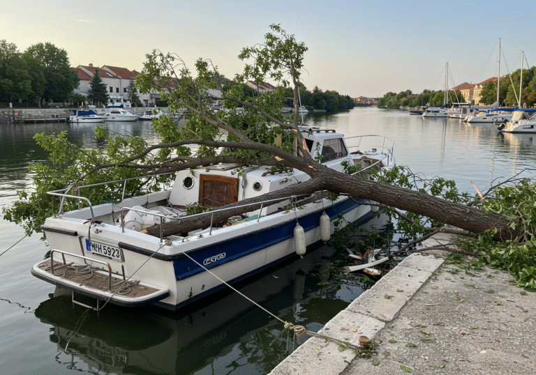 A wide shot of a boat moored on the Rika river in Solin, Croatia, on a clear morning, August 3, 2025. A large tree, with its trunk and branches, lies directly across the boat's stern, which is visibly crushed and extensively damaged. Debris from the fallen tree is scattered on the boat's deck and in the surrounding water. Across the calm river, the small Lučica marina is visible in the background, with other boats undisturbed. Sunlight illuminates the scene, highlighting the stark damage to the boat.