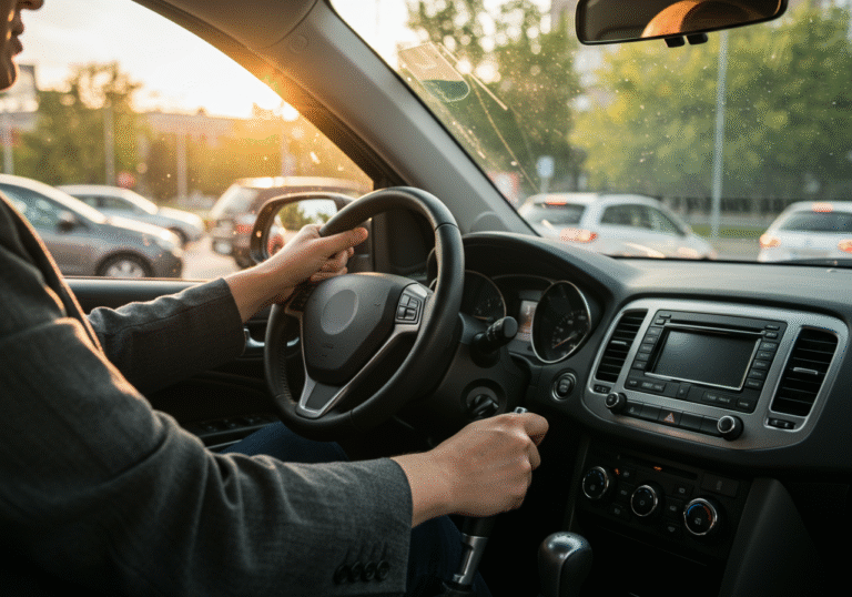 A candid shot of a driver's hands gripping a manual gear stick in the modern interior of a car, paused at a busy city intersection during the day. The driver's face, partially visible, shows a subtle expression of impatience or mild frustration. Through the windshield, other cars are visible in stop-and-go traffic under a bright midday sun, capturing the common experience of a vehicle's automatic start-stop system in operation.