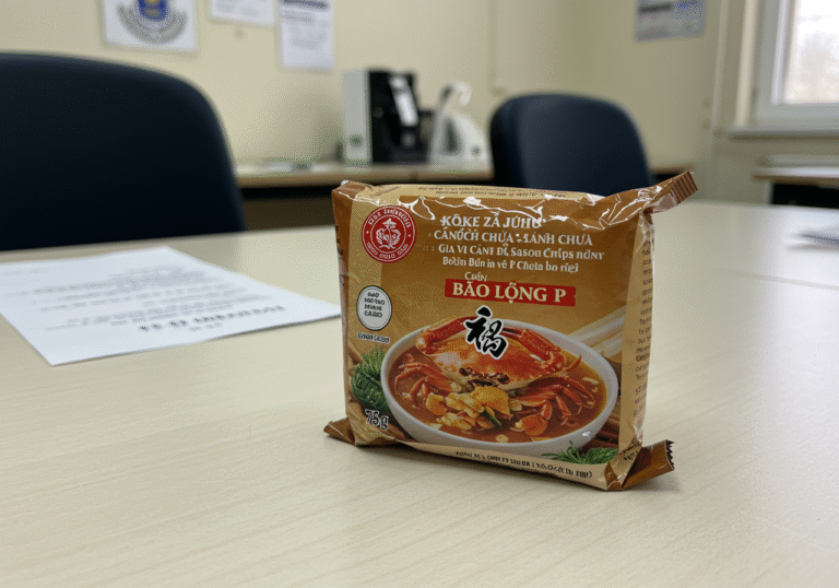 A single 75g package of 'Kocke za juhu Canch Chua Soup Seasoning – Gia Vi Canh Chua, Boilcube crab bun rieu BAO LONG PK' soup cubes resting on a clean, light-colored desk. The product's distinct label, showing Vietnamese characters and a prominent crab/seafood motif in brown, red, and green tones, is in sharp focus. In the slightly blurred background, hints of official documents or a subtle emblem related to a regulatory body are visible, suggesting a Croatian State Inspectorate office. The scene is illuminated by crisp, natural daylight from a nearby window, creating a clear and professional atmosphere, as if documenting a product for a public health advisory.