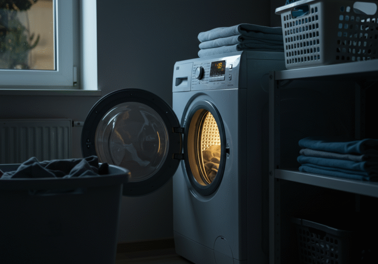 A modern Croatian family laundry room, illuminated by soft, ambient indoor light late in the evening. A front-loading washing machine is running, its drum visible through the glass door, with a subtle glow from inside. The digital display on the machine shows a timer countdown, suggesting an ongoing wash cycle. Nearby, a basket of dry, folded laundry sits on a shelf. The scene evokes a quiet, energy-conscious household completing chores during off-peak electricity hours in Croatia.