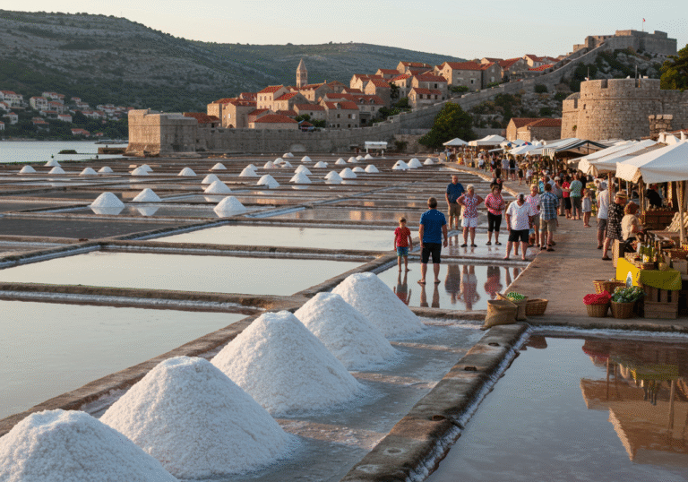 A vibrant editorial photograph capturing the atmosphere of the Festival soli Ston at the historic salt pans in Ston, on the Pelješac peninsula, Croatia. In the foreground, large, gleaming white piles of harvested salt are visible, with the blue-green water of the evaporation pools stretching behind them. Local Croatian people, men and women, are seen engaging with the environment; some are observing the traditional salt harvesting areas, while others are gathered near market stalls displaying local products like olive oil, wines, and artisanal goods from Dubrovnik-Neretva County. The ancient defensive walls of Ston rise in the background under a clear late summer sky, with the sun casting a warm light over the scene, highlighting the rich cultural and gastronomic traditions.