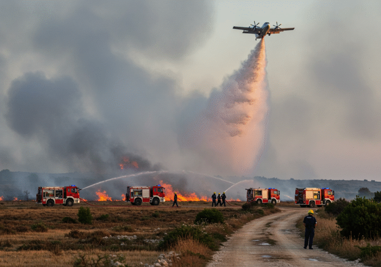 Early morning light illuminates Croatian firefighters actively battling a large open-area wildfire on Brač island, near Milna, Dalmatia, on August 15, 2025. Dense smoke billows from approximately 70 hectares of burning mixed vegetation, with visible flames on the rugged terrain. Several Croatian fire trucks, their crews in dark blue uniforms aiming hoses at the blaze, are strategically positioned on dirt roads. High above, a Canadair aircraft is captured mid-flight, making a precision water drop over the burning area. The air is humid, with a hazy sky hinting at the recent severe thunderstorm that affected the region, while the ground in the foreground appears damp in places.