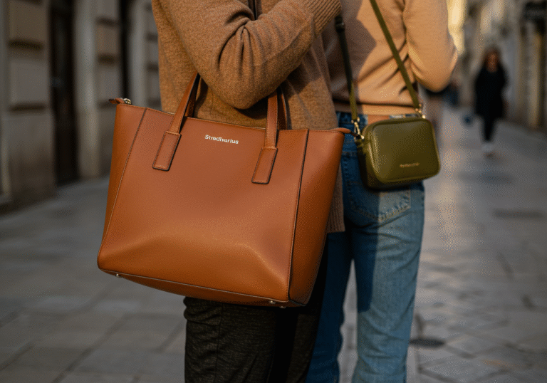 A stylish fashion enthusiast on a pedestrian street in an urban Croatian city, bathed in warm late afternoon sunlight. They are casually holding a new Stradivarius artificial leather tote bag in a rich cognac color, its soft lines and discreet metal details visible. The person is dressed in autumnal transitional fashion, showcasing the bag's versatility. In the background, another fashion enthusiast carries a mini crossbody bag in olive green. The scene captures the elegant and modern aesthetic of the new collection, set against the backdrop of an early autumn day.