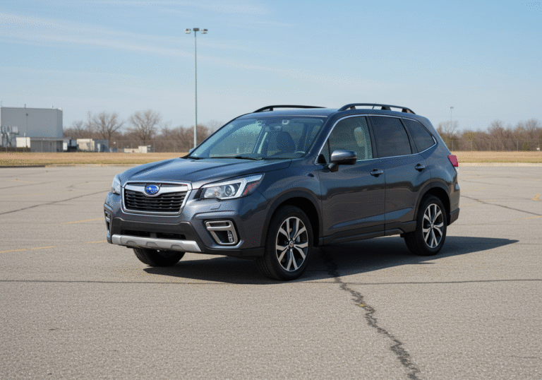 A pristine, metallic dark gray Subaru Forester SUV is parked immaculately clean on a smooth asphalt surface under a clear daytime sky. The vehicle stands prominently in a wide, well-maintained outdoor area of a professional automotive testing and evaluation facility in North America. Natural, bright light illuminates the car, highlighting its robust design and quality. The background is clean and slightly blurred, suggesting a controlled environment dedicated to rigorous assessment. The overall atmosphere conveys trustworthiness and precision, fitting an editorial on vehicle reliability.