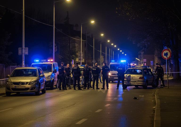 An early morning scene on Slavonska cesta in Bjelovar, Croatia, around 2:00 AM. The street is illuminated by a mix of streetlights and the flashing blue lights of multiple Croatian police vehicles. Damaged cars, showing signs of a recent collision, are situated on the roadway. Several Croatian police officers, including those from the Intervention Police, are actively managing the scene, speaking with individuals involved in a recent altercation. The atmosphere is tense but controlled, with a sense of ongoing investigation in the cool night air.