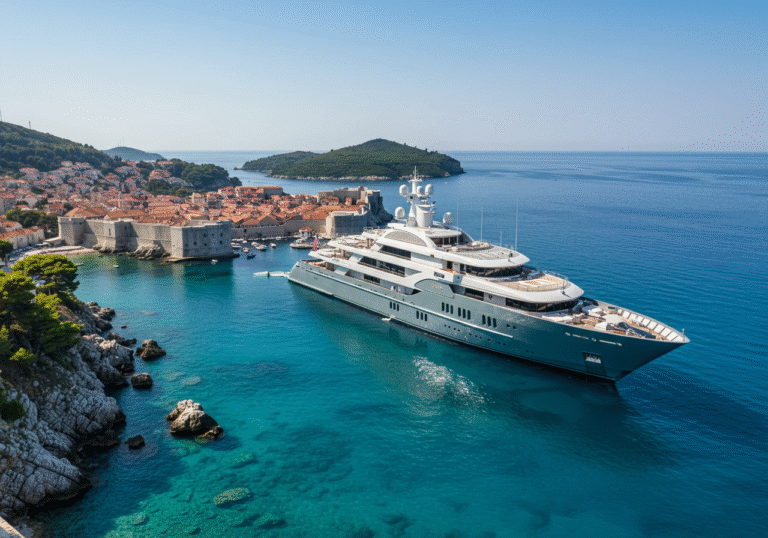 A grand superyacht, 'Kismet', anchored in the calm, clear turquoise waters of the Adriatic Sea, positioned closely off the rocky, green coastline of Lokrum island. The historic city walls and red-tiled rooftops of Dubrovnik are visible in the distant background across the water. It is a sunny mid-August day with a clear blue sky. The yacht's sleek, multi-decked exterior, featuring a visible helipad and large windows, is illuminated by bright natural light, emphasizing its opulent scale and design.