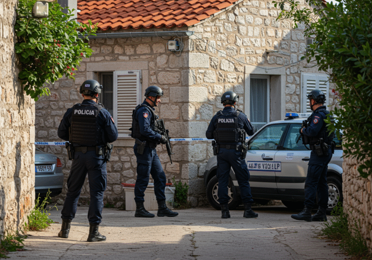 Croatian Special Police officers in full tactical gear are positioned around a traditional residential house in Supetar, Brač island, Croatia, on a bright morning of August 12. The scene is calm and controlled, with officers maintaining a professional presence after a successful arrest. Bright sunlight illuminates the Mediterranean architecture of the stone house and its surroundings.