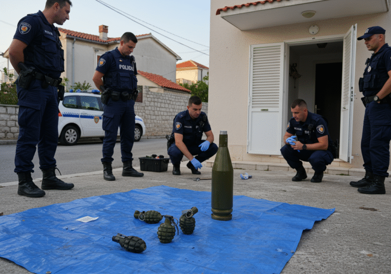 Croatian police officers in dark blue uniforms meticulously examine three hand grenades and one large artillery shell laid out on a blue tarp on the ground, just outside the entrance of a residential house in Supetar, Brač. A marked Croatian police vehicle is visible parked on the quiet street. The morning sun casts clear light on the scene, illuminating the typical Mediterranean architecture of the house with its light-colored facade and red tiled roof. The atmosphere is calm, reflecting the professional conduct of the ongoing investigation.