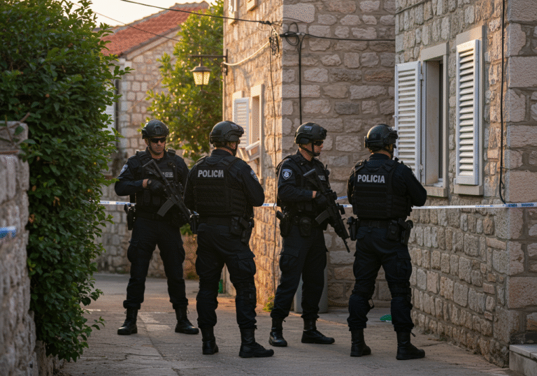 A team of Croatian special police officers in full tactical gear, cautiously positioned around a stone house in a residential area of Supetar on Brač island, during a clear morning. Sunlight illuminates the scene as the officers maintain a perimeter, their expressions focused and serious during a security operation. The atmosphere is one of controlled tension and professional readiness.