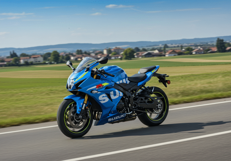 A sleek 2026 Suzuki GSX-R1000R motorcycle, in its special anniversary edition colors with prominent logos visible on the fuel tank and fairings, accelerating on a smooth, wide road in a European setting. The new, thinner exhaust system with a titanium muffler is clearly visible. Optional carbon aerodynamic elements are integrated into its design. Bright, clear summer daylight illuminates the scene, with a subtle motion blur on the background indicating speed. The background features rolling green hills and distant, low-lying European residential structures under a blue sky, capturing the essence of its highly anticipated return to the European market.