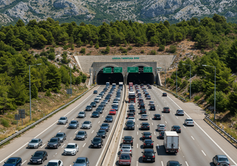 A wide-angle, editorial photograph of a massive traffic jam on the Croatian A1 highway, stretching for kilometers in both directions under a bright midday sun. Long queues of stationary passenger cars and commercial vehicles fill all lanes, leading towards the imposing entrance of the Sveti Rok Tunnel. The tunnel entrance appears completely closed to traffic, with no vehicles entering or exiting, highlighting the full road closure. The surrounding rugged Croatian mountainous landscape is visible under a clear summer sky.