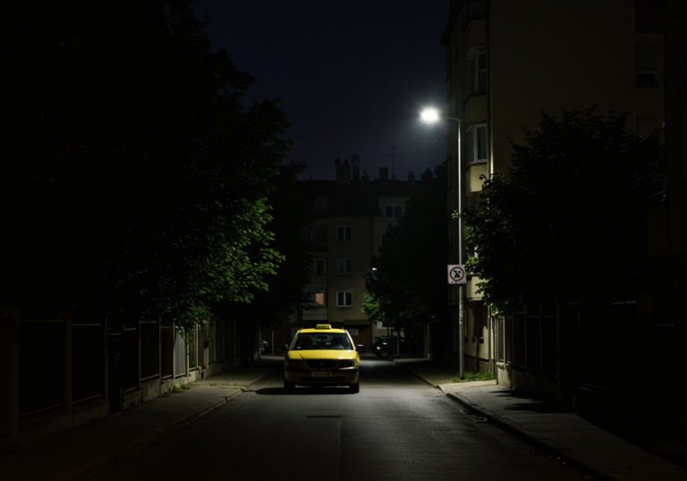 A quiet, dark, unlit residential street in Zagreb, Croatia, late on a summer night. A single taxi is parked under the faint glow of a distant street lamp, its interior dimly lit. The area evokes a sense of isolation near the Savski Gaj neighborhood, with apartment buildings subtly visible in the background.