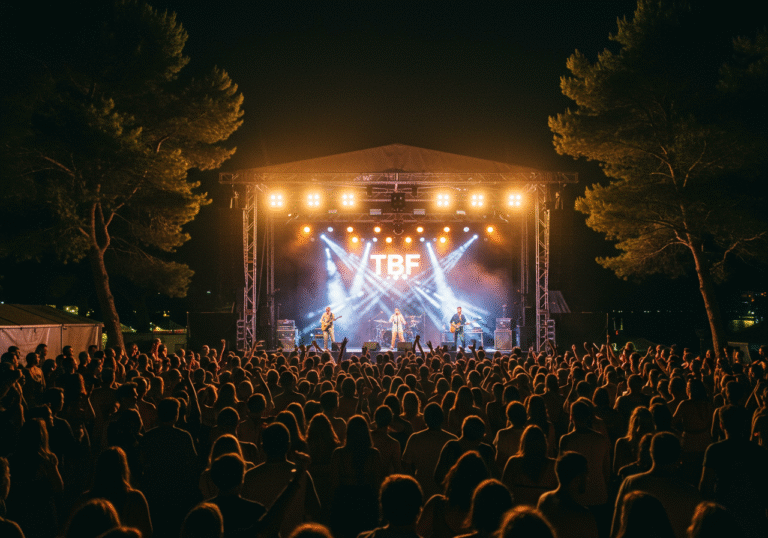 A vibrant nighttime concert scene at Martinska in Šibenik, Croatia, on a warm August night. The Split-based band TBF (The Beat Fleet) performs on an open-air stage, illuminated by dynamic stage lights. A large, enthusiastic crowd fills the foreground and mid-ground, dancing and singing along, creating a palpable energy. Dense pine trees frame the venue, and the dark Adriatic Sea is visible in the background, subtly reflecting the stage lights, capturing the essence of a summer music festival under the clear Mediterranean night sky.