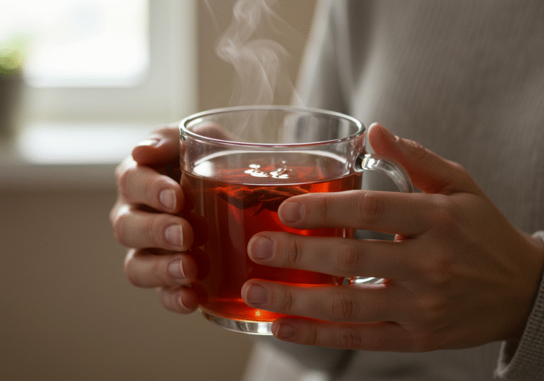 A close-up, natural light shot of an adult's hands gently cupping a transparent mug filled with warm, freshly brewed green tea or vibrant red hibiscus tea. A subtle wisp of steam rises from the surface. The background is softly blurred, hinting at a calm, well-lit domestic setting, emphasizing a moment of wellness and healthy lifestyle. The tea appears unsweetened, without milk.
