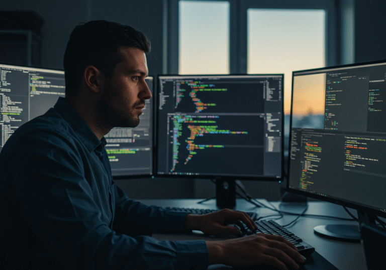 A focused IT professional, illuminated by the glow of multiple computer monitors displaying lines of code and a Croatian language error message about a URL mismatch and redirection, is intently examining a system console in a quiet, modern office environment, late afternoon light filtering through the window.