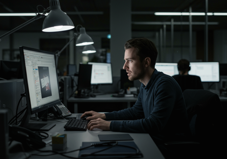 A journalist, illuminated by the cold glow of a large desktop monitor, sits at a desk in a modern, dimly lit newsroom. Their face shows a look of intense concentration mixed with subtle frustration as the computer screen displays a darkened browser window, indicating a failed connection or a blocked URL preventing access to information. In the background, other desks are visible with multiple screens and tangled cables, suggesting a busy but currently stalled operation.