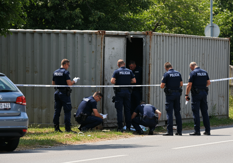 Croatian police officers from Policijska uprava međimurska are meticulously investigating two large, damaged metal storage containers on Ulica Preloge in Ivanovec, Međimurje County. It is a bright, sunny day in mid-August. Yellow crime scene tape clearly demarcates the area around the containers, one of which shows visible signs of forced entry on its door. Several uniformed officers in their standard dark blue Croatian police attire are surveying the scene, some crouched down examining the ground, while another might be taking photographs or notes, all focused on the evidence. The environment suggests an outdoor, possibly semi-rural or industrial setting under a clear sky.