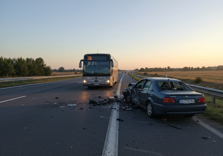 An early morning scene on the A3 highway in Croatia, showing the aftermath of a severe traffic accident. A large double-decker bus and a significantly damaged passenger car, both bearing Bosnia and Herzegovina license plates, are positioned on the asphalt road. Debris from the collision is scattered around the immediate area. The sky is beginning to lighten with dawn, casting soft, natural light over the scene, which is bordered by typical Croatian rural landscape with trees and fields.