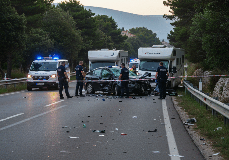 Morning light illuminates the D100 road between Nerezine and Ćunski, near Mali Lošinj, Croatia. Croatian police officers from the Primorsko-goranska Police Department are actively conducting an investigation around two heavily damaged passenger cars and a camper involved in a serious accident. Police tape and cones block the asphalt road, and a multi-kilometer traffic jam of vehicles is visible stretching in the direction of Mali Lošinj. Debris from the collision is scattered on the ground.